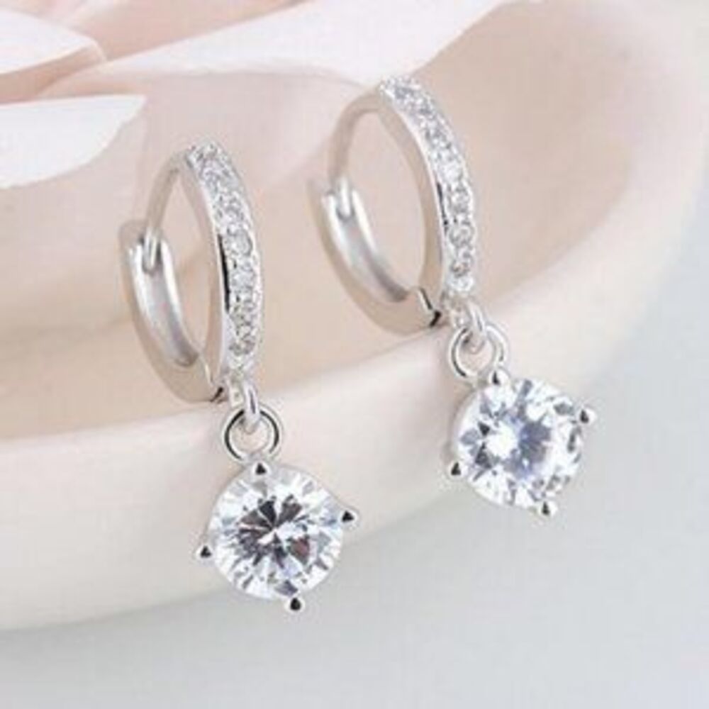 NEW Solitaire Diamond Drop Silver Hoop Earrings